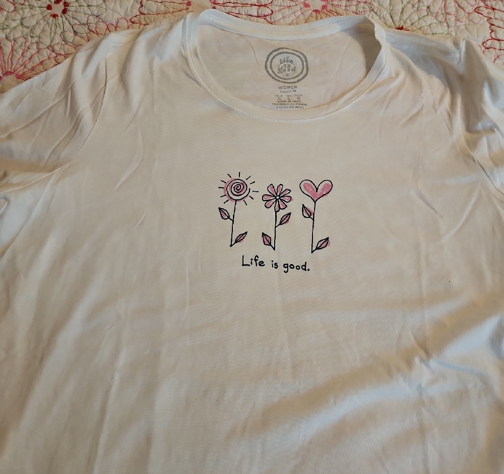 Life Is Good White Short Sleeve Tee with Minimalist Floral Art